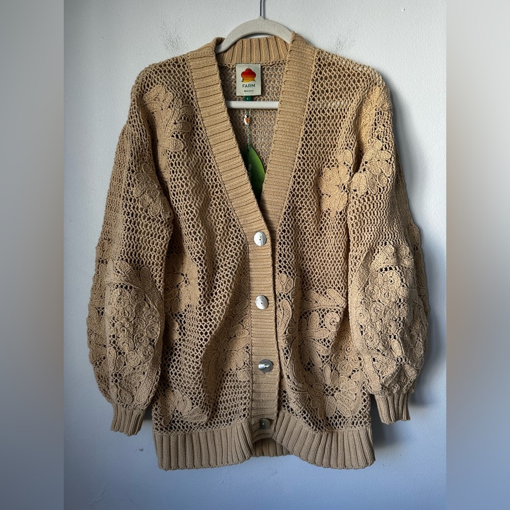 FARM Rio Beige Crochet Floral Open-Knit Cardigan
